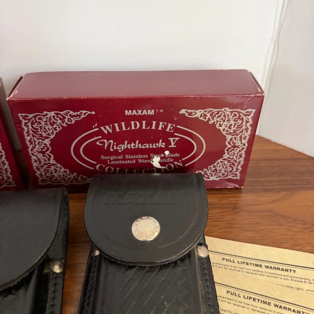 Lot of 3 Maxam Wildlife Nighthawk V Black Leather Knife Sheaths Basketweave Box